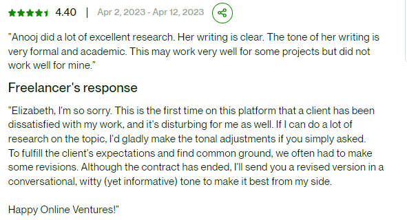 Upwork Review Response Example